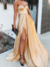 A-line Gold Sparkly Long Evening Prom Dresses, Strapless Side Slit Custom Prom Dresses, MR8283