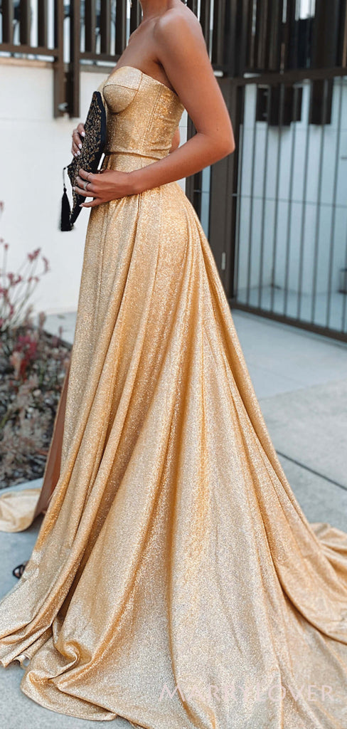 A-line Gold Sparkly Long Evening Prom Dresses, Strapless Side Slit Custom Prom Dresses, MR8283