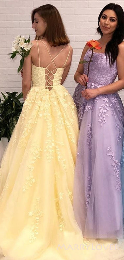 Spaghetti Straps Tulle Appliques Long Evening Prom Dresses, A-line Custom Prom Dress, MR8286