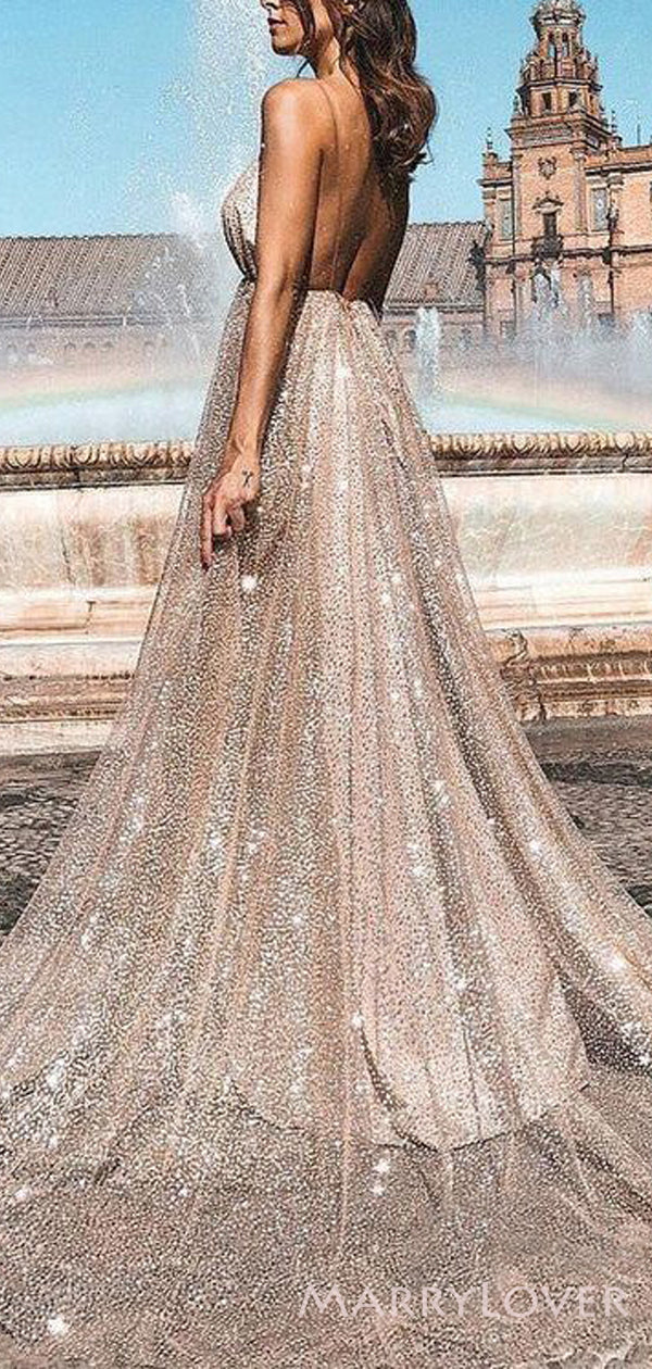 Deep V Neck Gold Sequin Long Evening Prom Dresses, Spaghetti Straps A-line Sparkly Custom Prom Dresses, MR8287 Deep V Neck Gold Sequin Long Evening Prom Dresses, Spaghetti Straps A-line Sparkly Custom Prom Dresses, MR8287