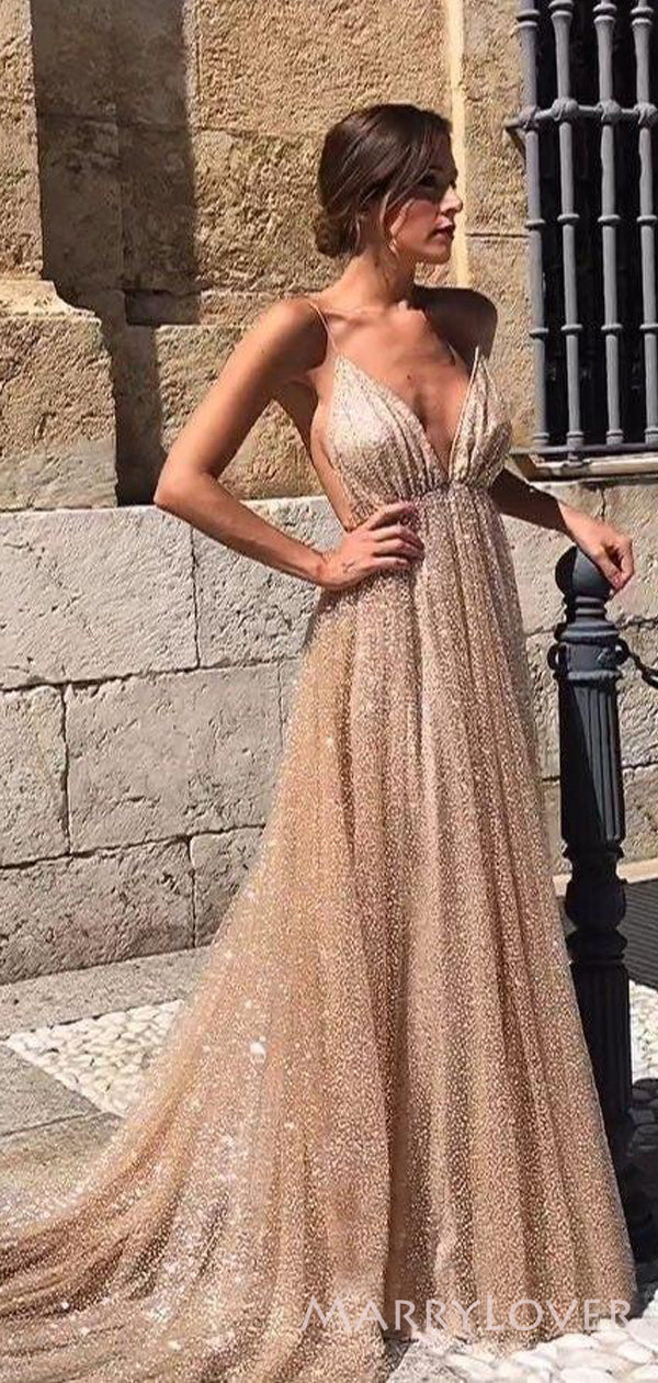 Deep V Neck Gold Sequin Long Evening Prom Dresses, Spaghetti Straps A- MarryLover Deep V Neck Gold Sequin Long Evening Prom Dresses, Spaghetti Straps A- MarryLover