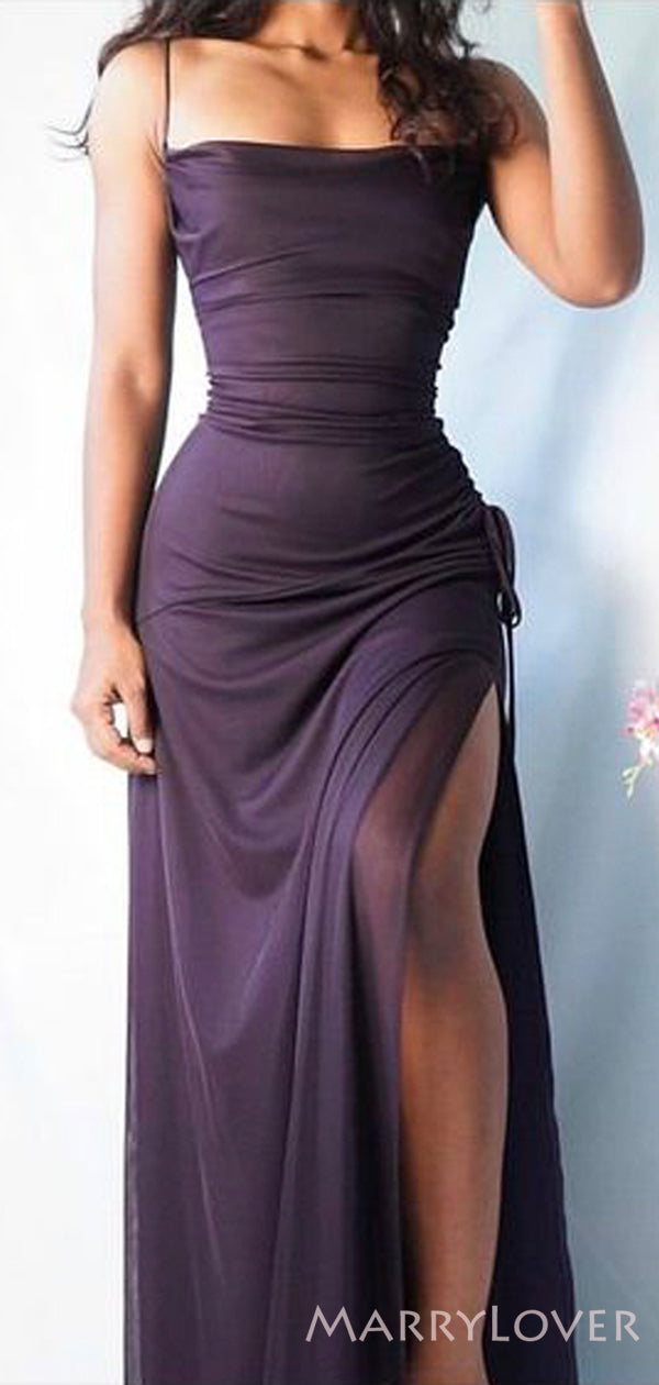 Spaghetti Straps Mermaid Dark Purple Tulle Long Evening Prom Dresses, Side Slit Custom Prom Dresses, MR8291 Spaghetti Straps Mermaid Dark Purple Tulle Long Evening Prom Dresses, Side Slit Custom Prom Dresses, MR8291