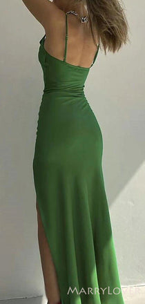 Moss Satin Mermaid Long Evening Prom Dresses, Spaghetti Straps Custom Prom Dresses, MR8302