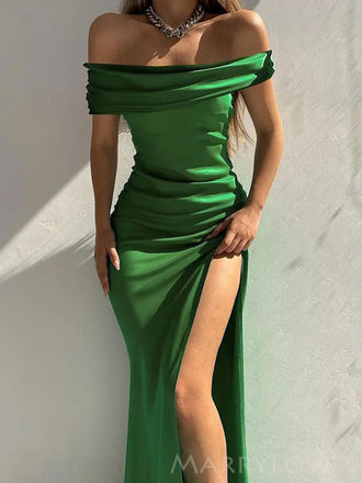 Off Shoulder Moss Satin Long Evening Prom Dresses, Mermaid Custom Prom Dresses, MR8303
