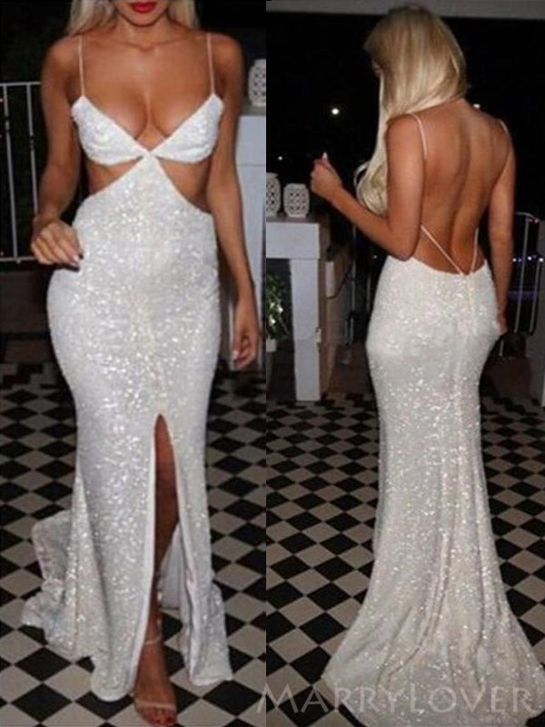 Sexy Backless White Sequin Mermaid Sparkly Long Evening Prom Dresses, Spaghetti Straps Custom Prom Dresses, MR8305 Sexy Backless White Sequin Mermaid Sparkly Long Evening Prom Dresses, Spaghetti Straps Custom Prom Dresses, MR8305