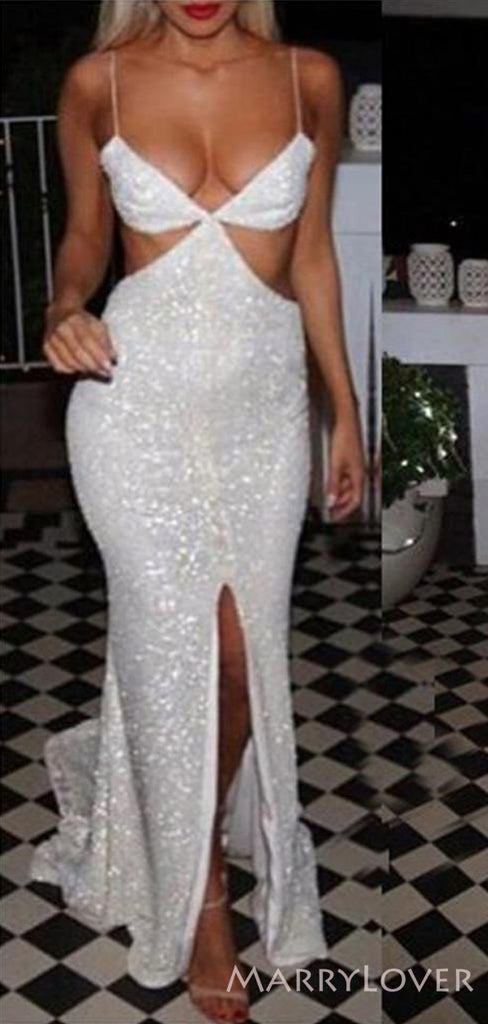 Sexy Backless White Sequin Mermaid Sparkly Long Evening Prom Dresses, Spaghetti Straps Custom Prom Dresses, MR8305