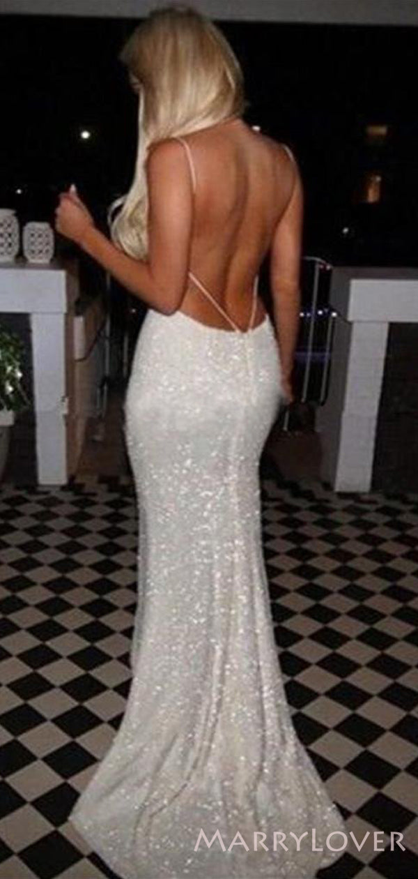 Sexy Backless White Sequin Mermaid Sparkly Long Evening Prom Dresses, Spaghetti Straps Custom Prom Dresses, MR8305 Sexy Backless White Sequin Mermaid Sparkly Long Evening Prom Dresses, Spaghetti Straps Custom Prom Dresses, MR8305
