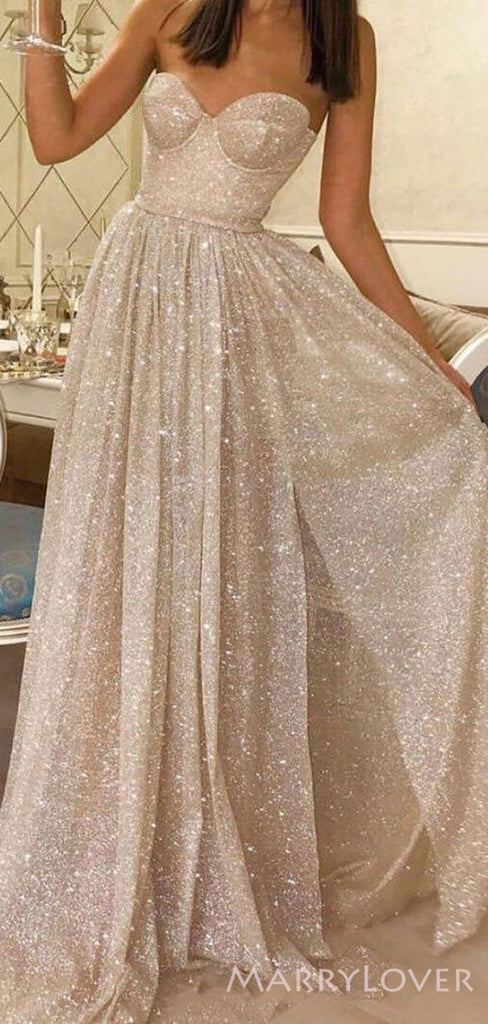 Champagne Sequin Strapless Sparkly Long Evening Prom Dresses, A-line Custom Sweetheart Prom Dresses, MR8306