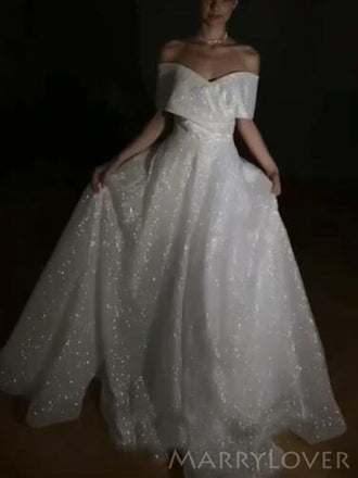 Off Shoulder White Sparkly Long Evening Prom Dresses, A-line Custom Prom Dresses, MR8307