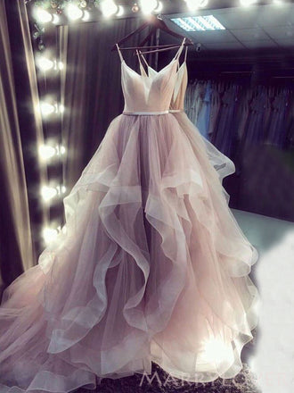 Pink Tulle Long Spaghetti Straps Evening Prom Dresses, A-line V-neck Custom Prom Dresses, MR8315