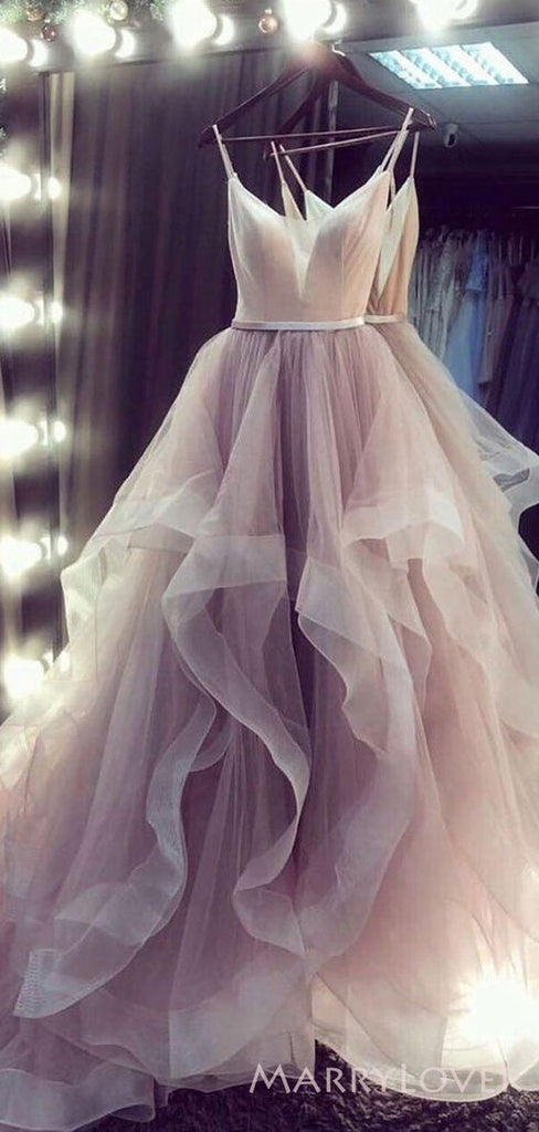 Pink Tulle Long Spaghetti Straps Evening Prom Dresses, A-line V-neck Custom Prom Dresses, MR8315