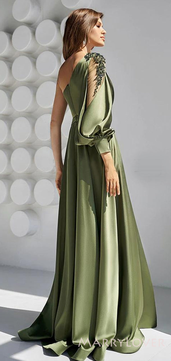 Clover Satin One Shoulder Long Evening Prom Dresses, High Slit Lone Sl MarryLover Clover Satin One Shoulder Long Evening Prom Dresses, High Slit Lone Sl MarryLover