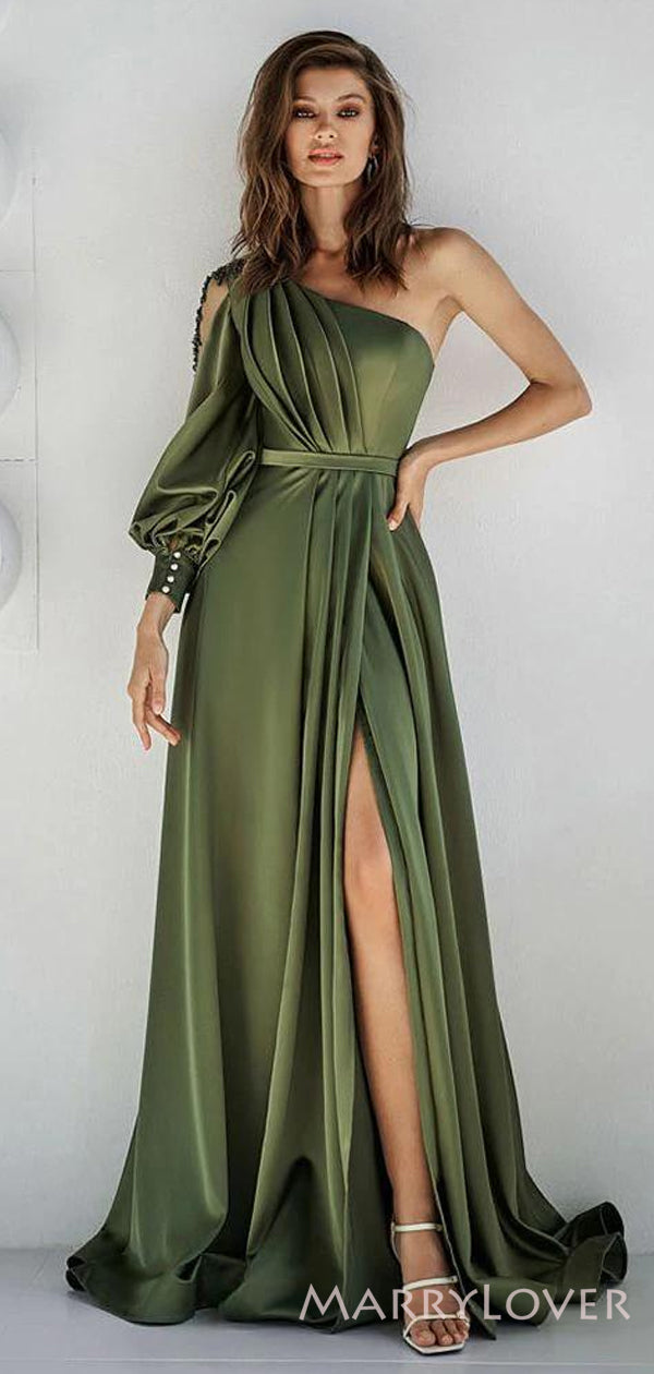 Clover Satin One Shoulder Long Evening Prom Dresses, High Slit Lone Sl MarryLover Clover Satin One Shoulder Long Evening Prom Dresses, High Slit Lone Sl MarryLover
