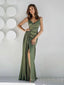 Clover Satin Spaghetti Straps Long Mermaid Evening Prom Dresses, High Slit V-neck Custom Prom Dresses, MR8322