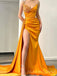 Gold Satin Strapless Long Mermaid Evening Prom Dresses, High Slit V-neck Custom Prom Dresses, MR8323