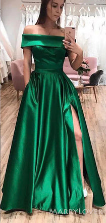 Off Shoulder A-line Green Satin Side Slit Long Evening Prom Dresses, Cheap Custom prom dresses, MR8402