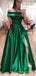 Off Shoulder A-line Green Satin Side Slit Long Evening Prom Dresses, Cheap Custom prom dresses, MR8402