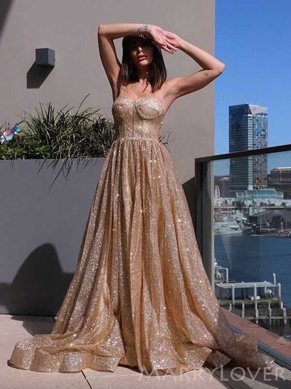 A-line Gold Sparkly Strapless Long Evening Prom Dresses, Cheap Custom – MarryLover