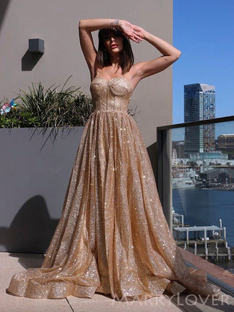 A-line Gold Sparkly Strapless Long Evening Prom Dresses, Cheap Custom Prom Dresses, MR8450