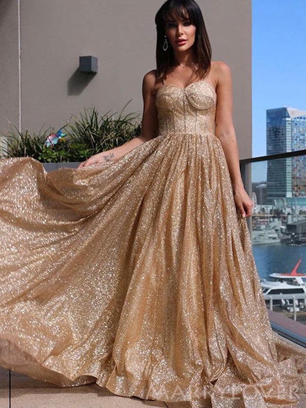 A-line Gold Sparkly Strapless Long Evening Prom Dresses, Cheap Custom MarryLover A-line Gold Sparkly Strapless Long Evening Prom Dresses, Cheap Custom MarryLover