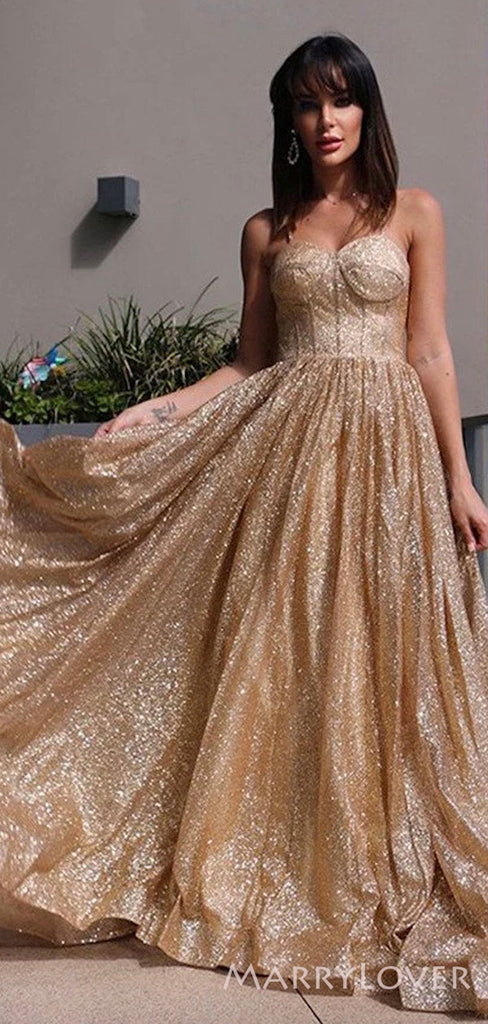 A-line Gold Sparkly Strapless Long Evening Prom Dresses, Cheap Custom – MarryLover