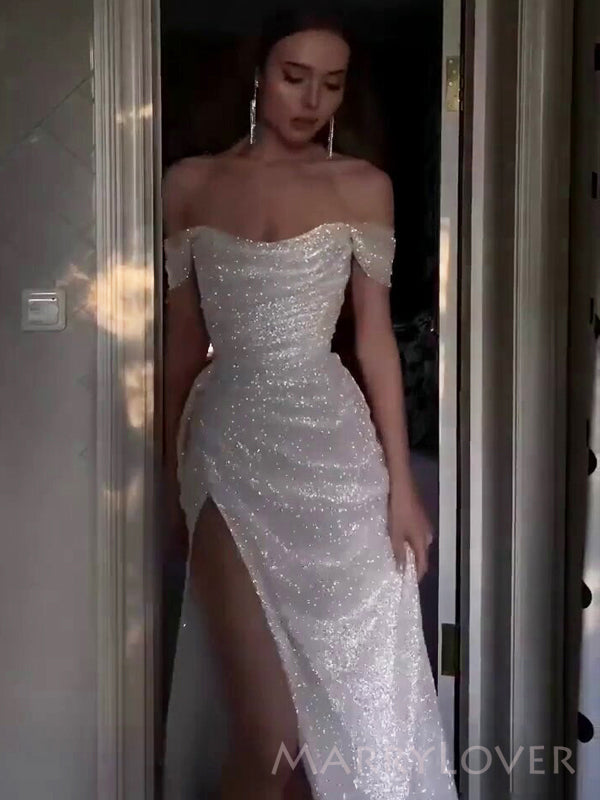 White Sequin Sparkly Off Shoulder A-lin Long Evening Prom Dresses, Cus – MarryLover