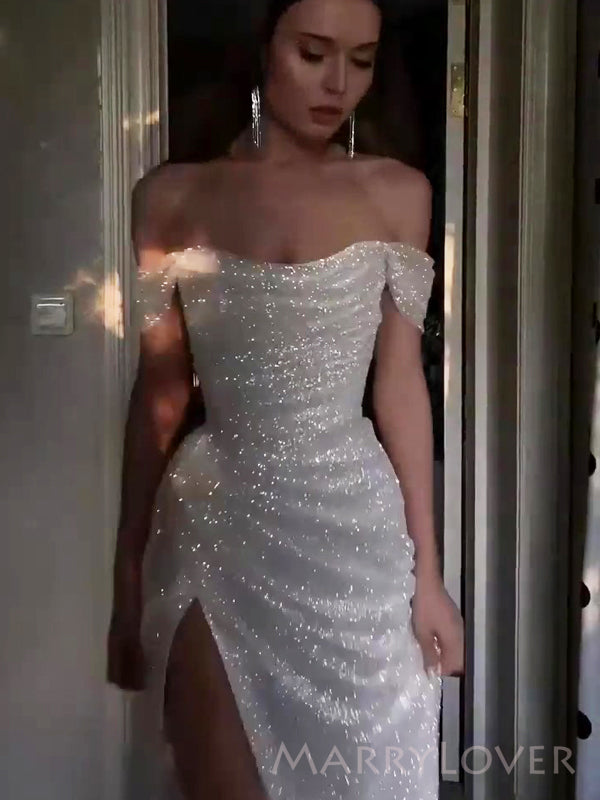 White Sequin Sparkly Off Shoulder A-lin Long Evening Prom Dresses, Custom Side Slit Prom Dress, MR8482