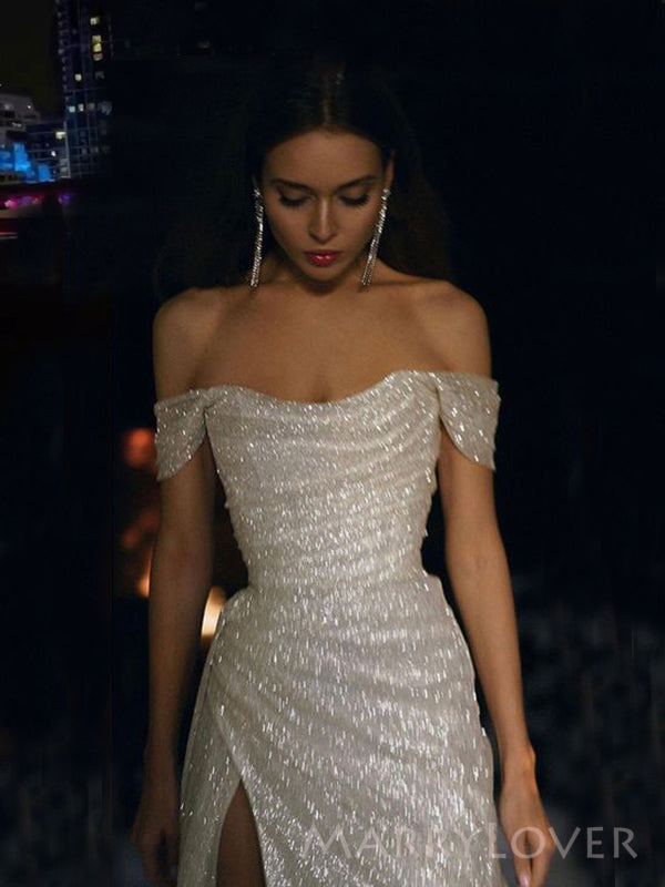 White Sequin Sparkly Off Shoulder A-lin Long Evening Prom Dresses, Custom Side Slit Prom Dress, MR8482 White Sequin Sparkly Off Shoulder A-lin Long Evening Prom Dresses, Custom Side Slit Prom Dress, MR8482