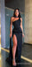 One Shoulder Mermaid Black Satin Long Evening Prom Dresses, Custom Side Slit Prom Dress, MR8496