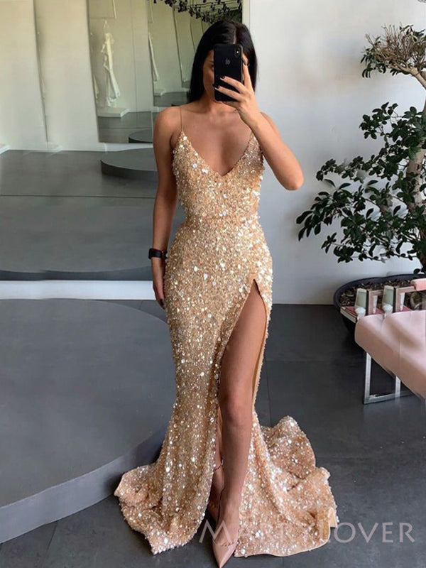 Deep V-neck Spaghetti Straps Gold Sequin Mermaid Long Evening Prom Dresses, Custom Side Slit Prom Dress, MR8506
