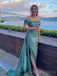 Blue Satin Off Shoulder Mermaid Long Evening Prom Dresses, Custom Side Slit Prom Dress, MR8507