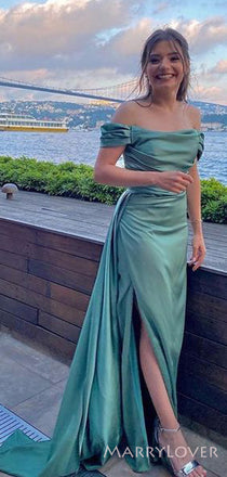 Blue Satin Off Shoulder Mermaid Long Evening Prom Dresses, Custom Side Slit Prom Dress, MR8507