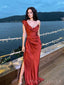 One Shoulder Mermaid Sweet Heart Long Satin Evening Prom Dresses, Custom Side Slit Prom Dress, MR8519