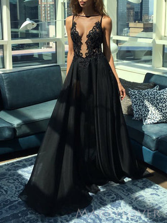 Deep V-neck Spaghetti Straps Black Long Evening Prom Dresses, Custom A-line Prom Dress, MR8520