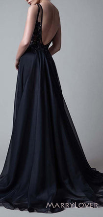 Deep V-neck Spaghetti Straps Black Long Evening Prom Dresses, Custom A-line Prom Dress, MR8520