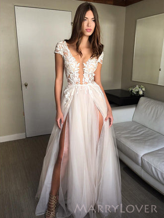 A-line Tulle Appliques Long Evening Prom Dresses, Custom High Slit Prom Dress, MR8522