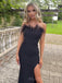 Simple Mermaid Black Strapless Long Evening Prom Dresses, Custom Side Slit Prom Dress, MR8530