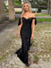 Off Shoulder Black Satin Mermaid Long Evening Prom Dresses, Custom Side Slit Prom Dress, MR8533