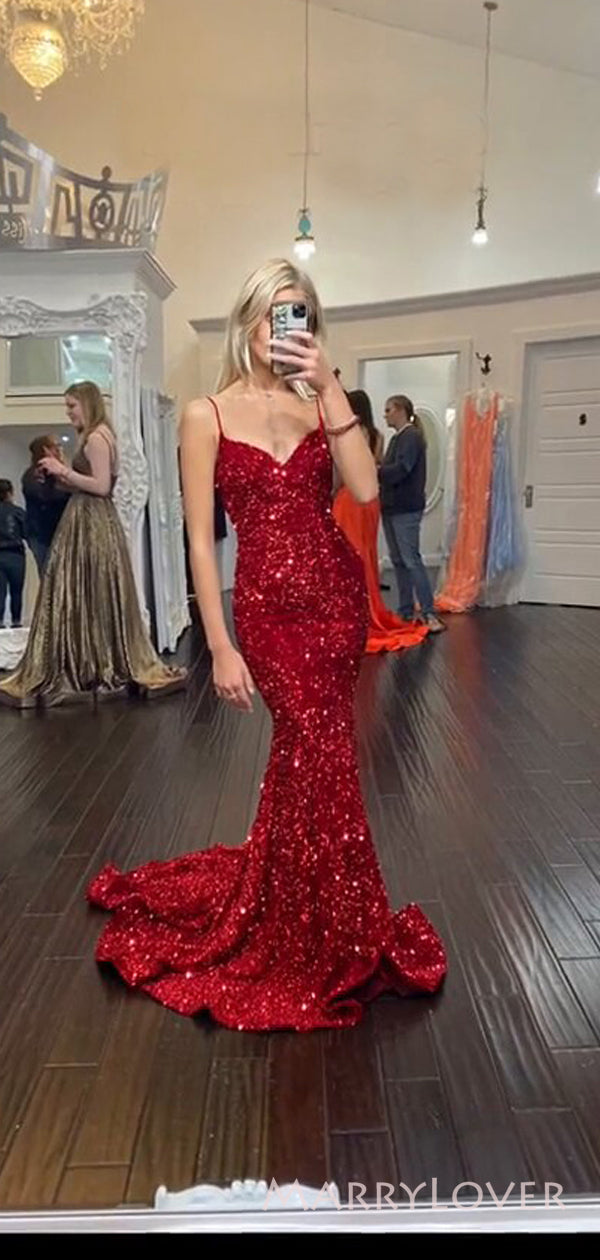 Simple Mermaid Red Sequins Spaghetti Straps Long Evening Prom Dresses, MarryLover Simple Mermaid Red Sequins Spaghetti Straps Long Evening Prom Dresses, MarryLover