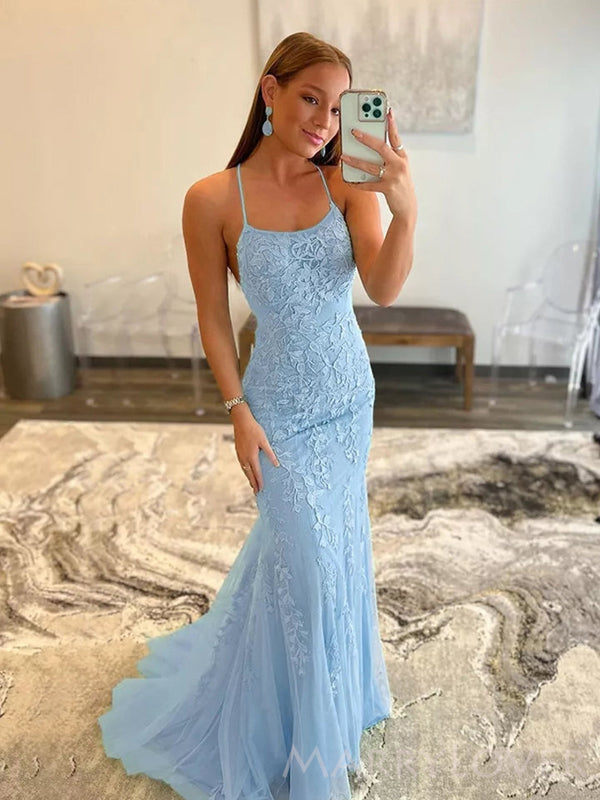 Blue Tulle Appliques Mermaid Long Evening Prom Dresses, Custom Prom Dress, MR8542