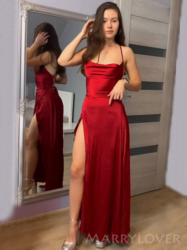 Simple Red Satin Spaghetti Straps Long Evening Prom Dresses, Custom High Slit Prom Dress, MR8546