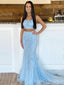 Two Pieces Mermaid Blue Tulle Appliques Long Evening Prom Dresses, Custom Prom Dress, MR8560