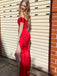 Simple Red Satin Mermaid Long Evening Prom Dresses, Custom Off Shoulder Prom Dress, MR8561