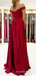Off Shoulder Red Satin A-line Long Evening Prom Dresses, Custom Side Slit Prom Dress, MR8566
