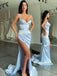 Blue Satin Mermaid High Slit Strapless Long Evening Prom Dresses, Custom Prom Dress, MR8570