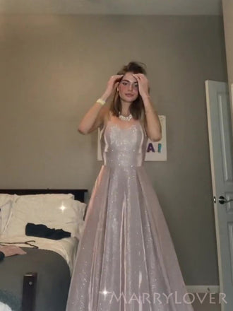 Simple A-line Spaghetti Straps Sparkly Satin Long Evening Prom Dresses, Custom Prom Dress, MR8577