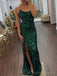 Spaghetti Straps Dark Green Sequins Mermaid Long Evening Prom Dresses, Custom Side Slit Prom Dress, MR8588