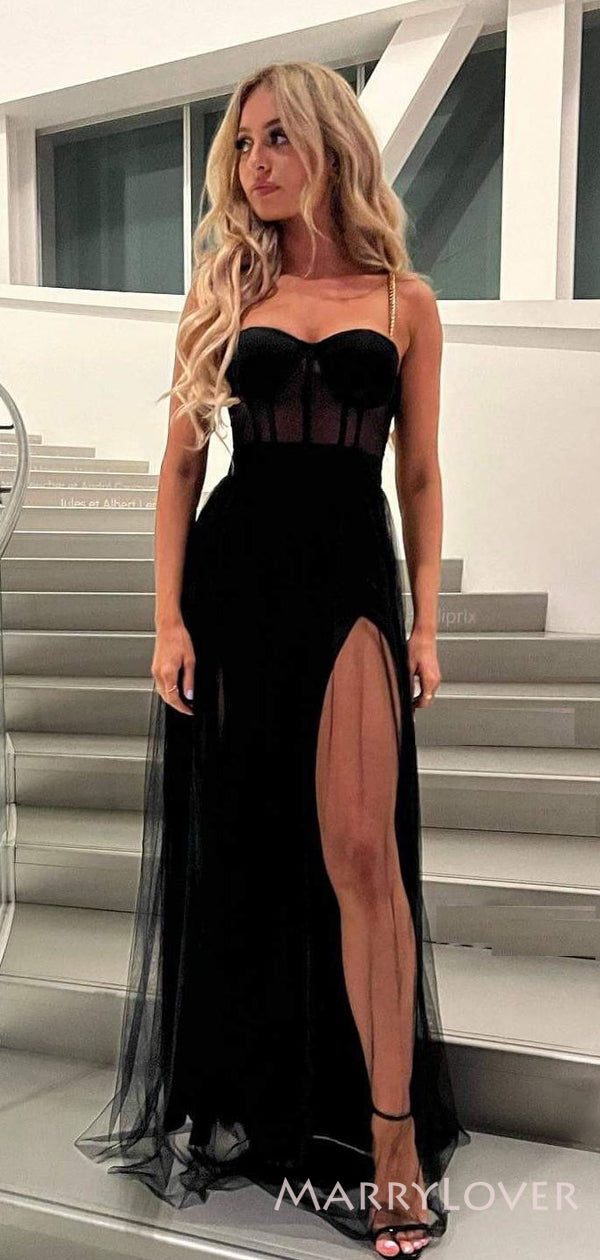 A-line Black Tulle Strapless Long Evening Prom Dresses, Custom Sweet H MarryLover A-line Black Tulle Strapless Long Evening Prom Dresses, Custom Sweet H MarryLover