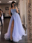 A-line Strapless Tulle Beaded Long Evening Prom Dresses, Custom High Slit prom Dress, MR8592