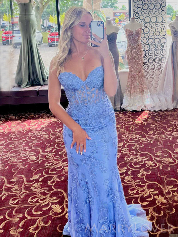 Mermaid Sweet Heart Blue Tulle Appliques Long Evening Prom Dresses, Custom prom Dress, MR8593